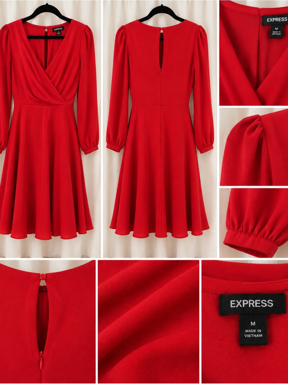 Express Red Long-Sleeve Surplice Fit-and-Flare Dress